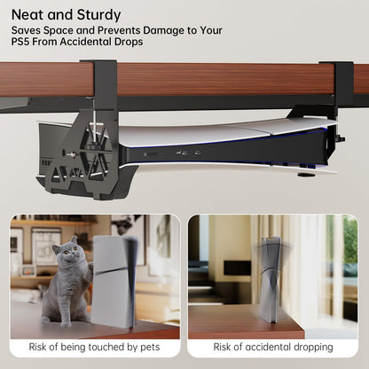 Hosanwell PS5 Under Desk Mount - No-Drill Clamp for PS5 & PS5 Slim, Model HOS-PS5, Includes Clamps, Screws, EVA Foam