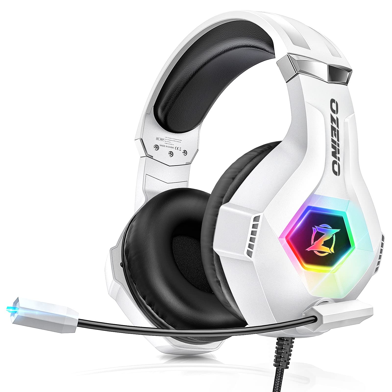 Ozeino Gaming Headset - 7.1 Surround Sound, Noise Cancelling Mic, RGB Light, Large, White, Model ZW1 for PC, PS4, PS5, Xbox Series