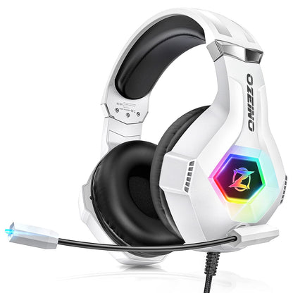 Ozeino Gaming Headset - 7.1 Surround Sound, Noise Cancelling Mic, RGB Light, Large, White, Model ZW1 for PC, PS4, PS5, Xbox Series