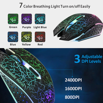 TENMOS M2 Wireless Gaming Mouse - Silent, Rechargeable, 7-Color LED, Ergonomic, 3 Adjustable DPI, Black