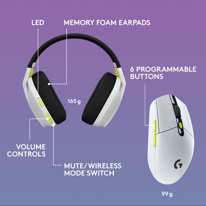 Logitech G435 Wireless Gaming Headset & G305 Mouse - White - Renewed