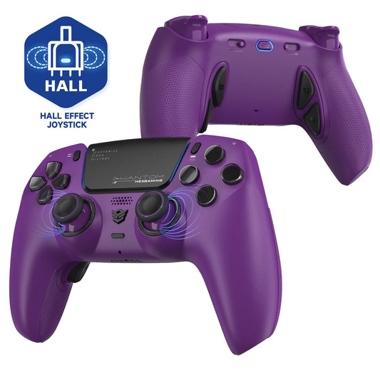 HEXGAMING PHANTOM Pro Controller with 4 Remappable Buttons  6 Remapping Profiles  8 Interchangeable Analog Stick  and Adjustable Triggers Compatible with ps5  PC  Mobile - Hall Effect Twilight Purple