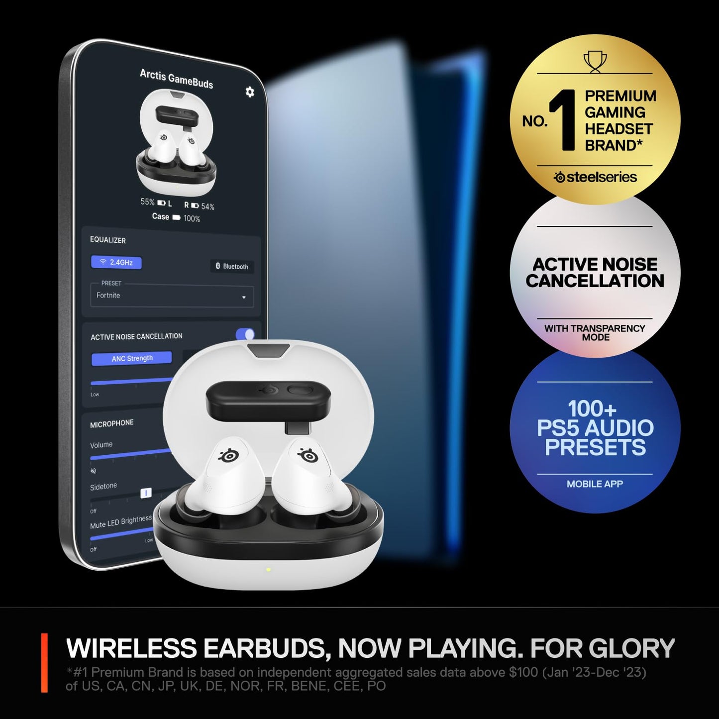 SteelSeries Arctis GameBuds - Active Noise Cancelling, 40H Battery, Quick-Switch 2.4GHz + Bluetooth 5.3, One Size, White, Model