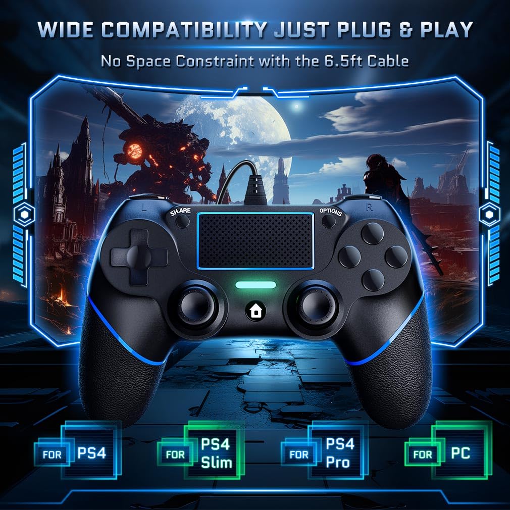 DIANVEN PS4 Wired Controller for PC - Double Vibration, Motion Motors, Compatible with Windows 11/10/8/7, Black/Blue