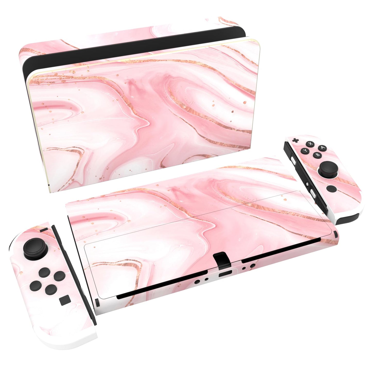 PlayVital Full Set Protective Stickers for Nintendo Switch OLED Model  Customized Vinyl Decal Skins for Switch OLED Console & Joycon & Dock & Grip - Pink Gold Marble