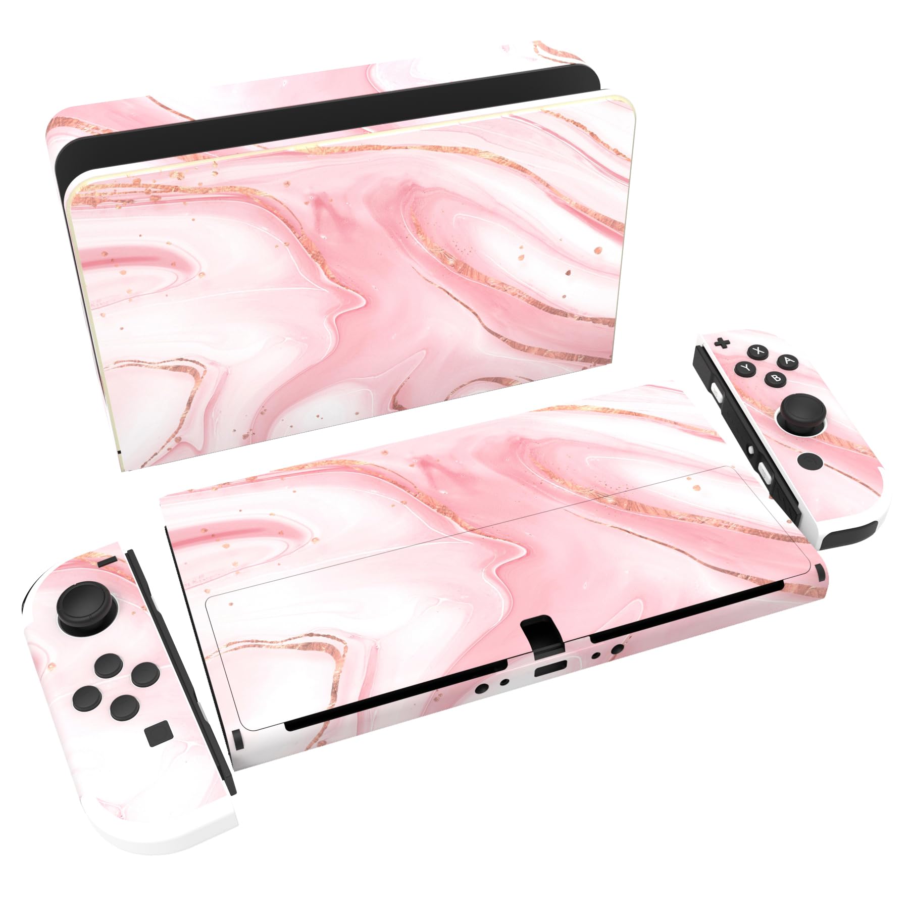 PlayVital Full Set Protective Stickers for Nintendo Switch OLED Model  Customized Vinyl Decal Skins for Switch OLED Console & Joycon & Dock & Grip - Pink Gold Marble