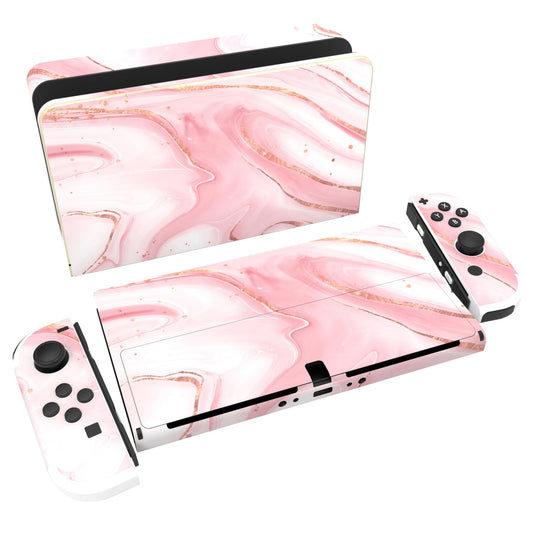 PlayVital Full Set Protective Stickers for Nintendo Switch OLED Model  Customized Vinyl Decal Skins for Switch OLED Console & Joycon & Dock & Grip - Pink Gold Marble
