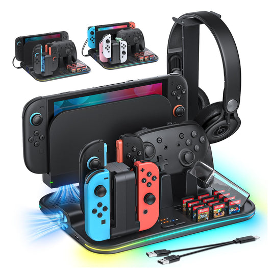 [Switch 2/1 Compatible] FASTSNAIL Charging Dock & Orgainzer Station & Cooling Fan for Nintendo Switch 2/1/OLED  Storage Stand for JoyCon 2/1 with 12 Card Slots  Controller/Headset Holder  9 RGB Modes
