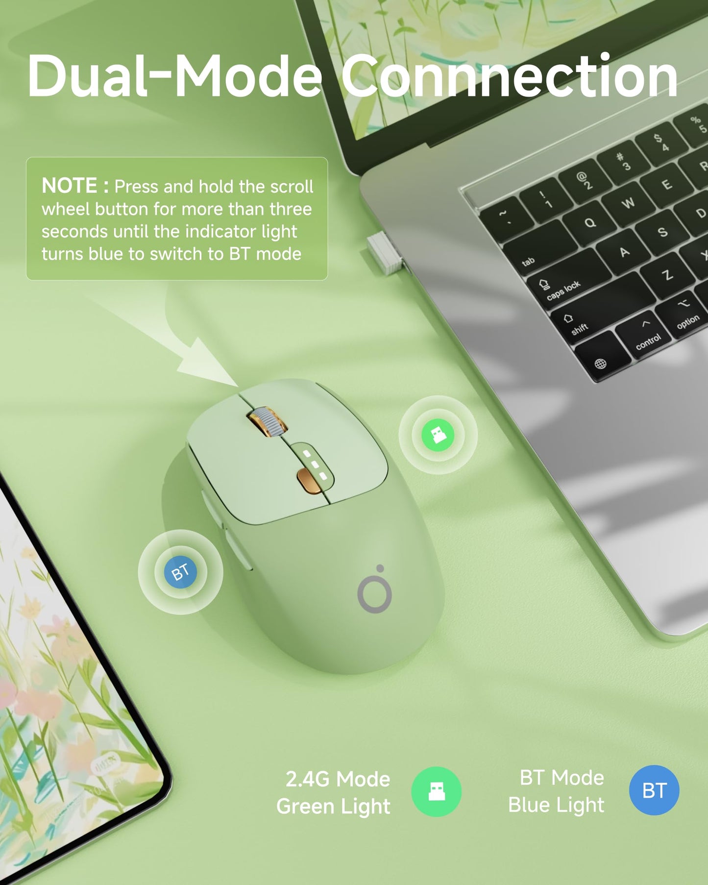 SEUNKWANG Q5 Wireless Mouse - Bluetooth & 2.4G, 1600 DPI, Ergonomic, Quiet, Green