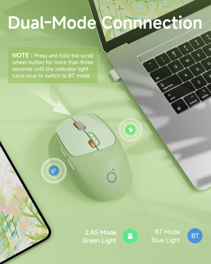 SEUNKWANG Q5 Wireless Mouse - Bluetooth & 2.4G, 1600 DPI, Ergonomic, Quiet, Green