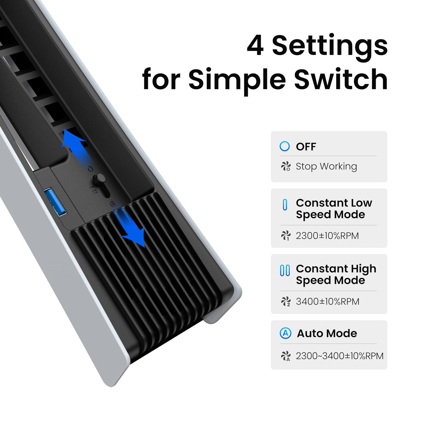 KIWIHOME PS5 Pro Cooling Fan - 4 Fans, Adjustable Speed, USB3.0, Black, Model PX10U