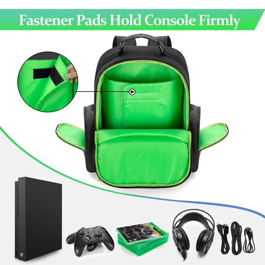 PGmoon Game Console Backpack for Xbox One/Series S/X - Travel Case for 15.6" Laptop, Green, Model PG00102(X)