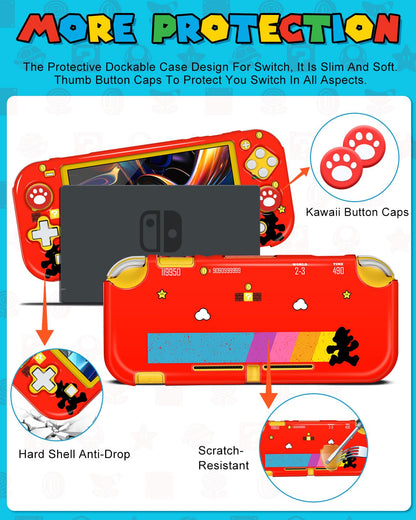 Gurgitat 6in1 Maro Switch Lite Case for Nintendo Switch Lite - Durable Hard Cover, Red Blue Maro, Includes Thumb Grips & Game Holder