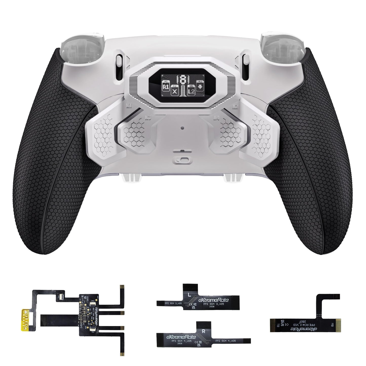 eXtremeRate BEYOND Back Paddles Kit for PS5 Edge Controller  OLED Display  Redesigned Ergonomic Rubberized Grips Bottom Shell  Remappable 4 Back Buttons Set for PS5 Edge Controller - White & Black