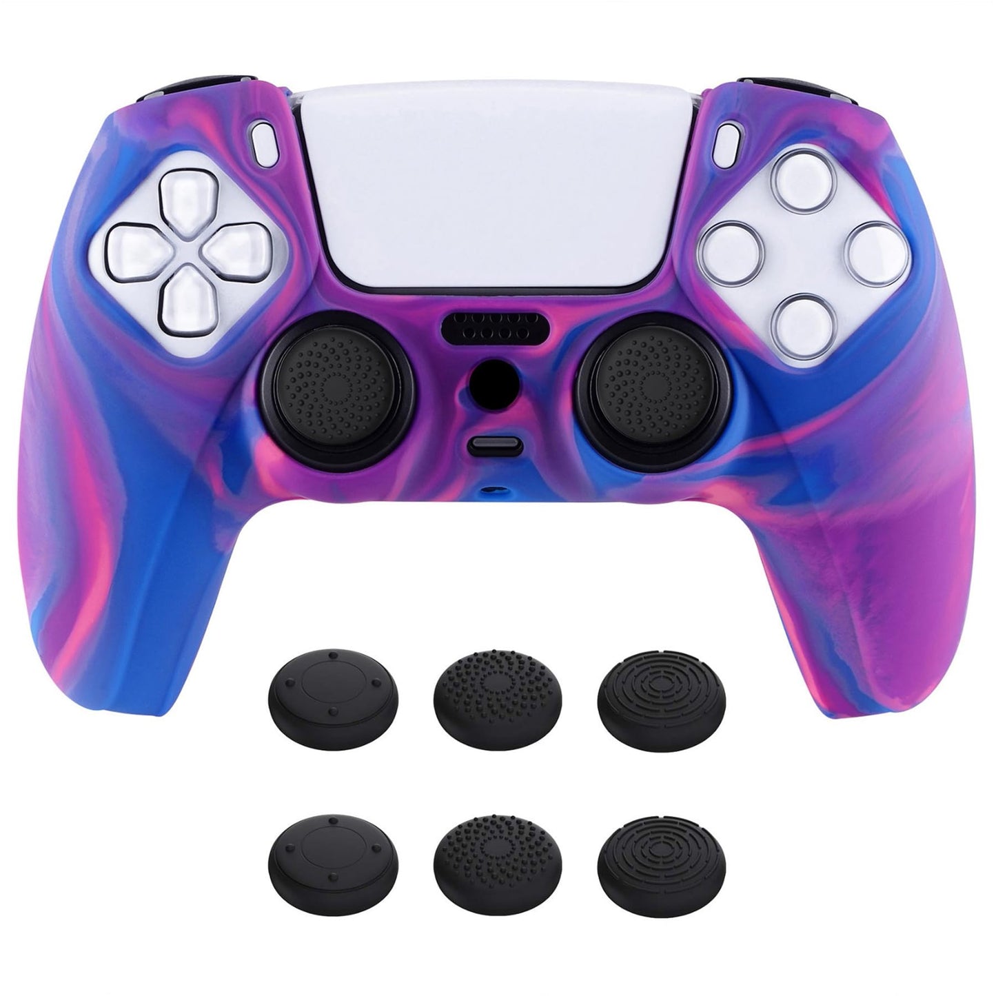 PlayVital Tri-Color Pink & Purple & Blue Camouflage Anti-Slip Silicone Cover Skin for ps5 Controller  Soft Rubber Case for PS5 Wireless Controller with Black Thumb Grip Caps