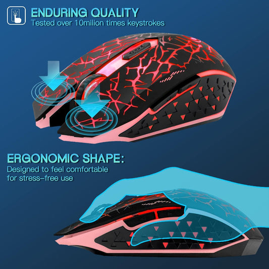 VEGCOO C12 Wireless Gaming Mouse - Silent Click, 7 Buttons, 2.4GHz, Up to 2400DPI, Red