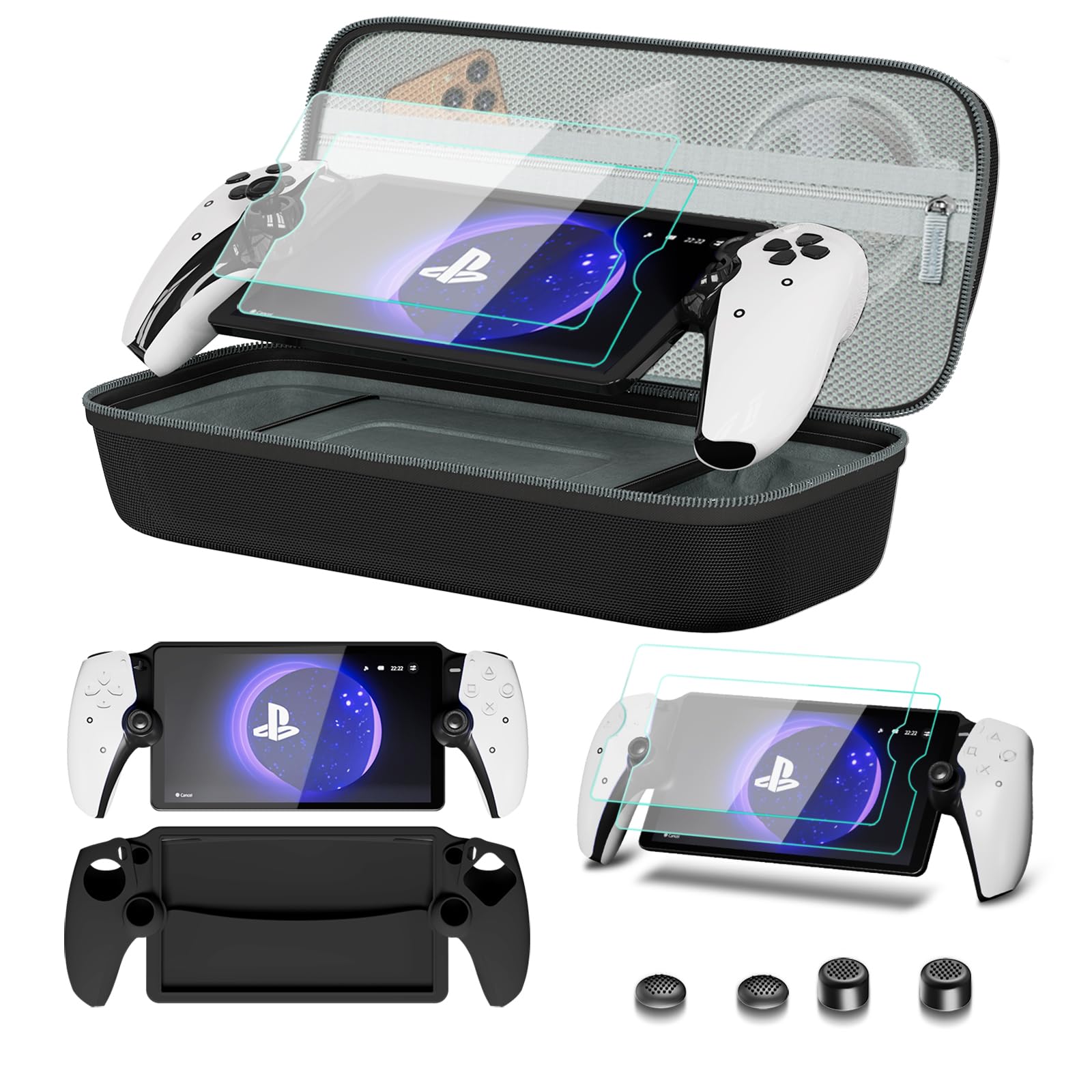 8 in 1 Accessories Compatible with Playstation Portal Carrying Case for PS Portal Soft Silicone Protective Cover for PS5 Portal 2 Screen Protector with 4 Thumb Grip (Black)