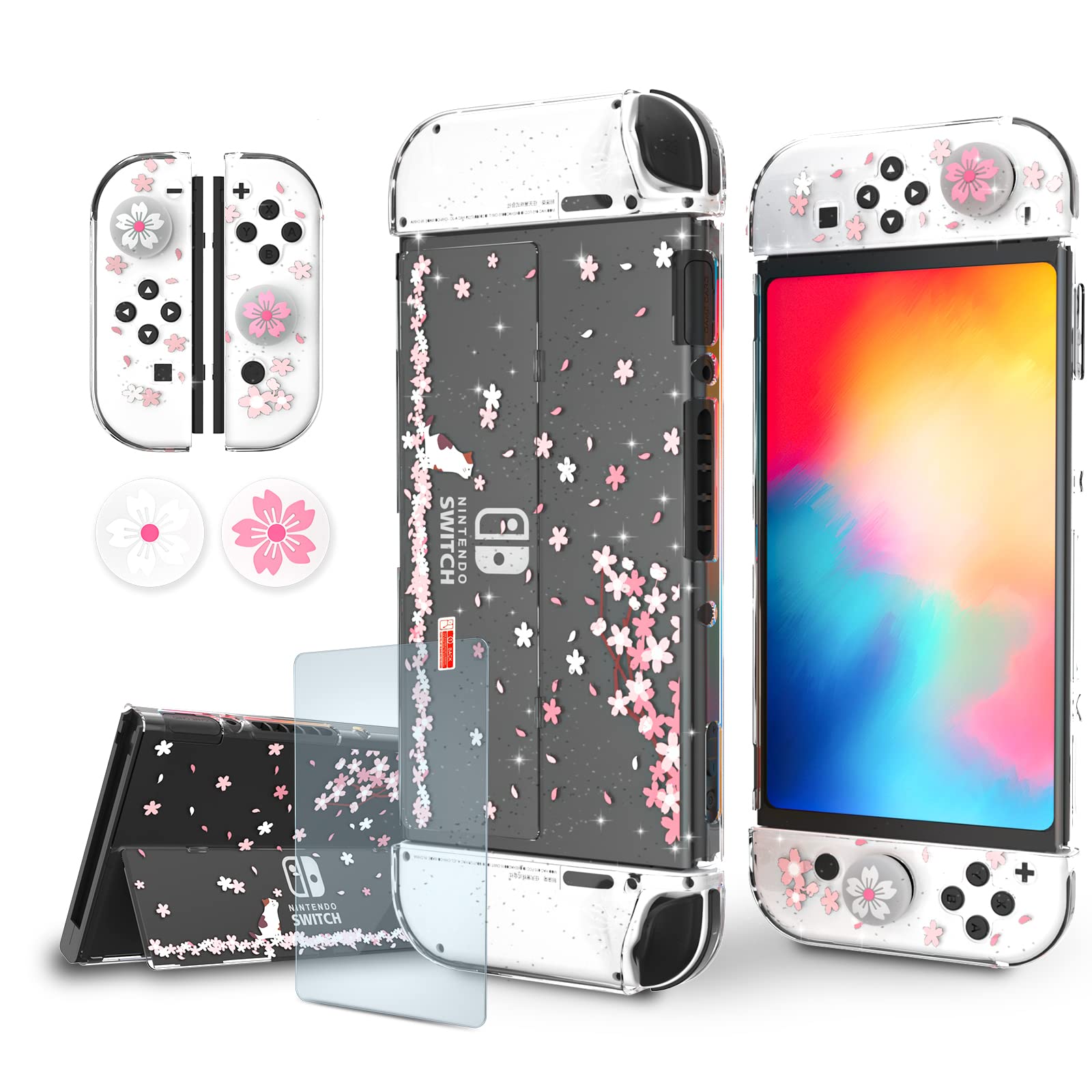 Switch OLED Protective Case  Switch OLED Clear Case with Tempered Glass Screen Protector and Thumb Grips - Cherry Blossom