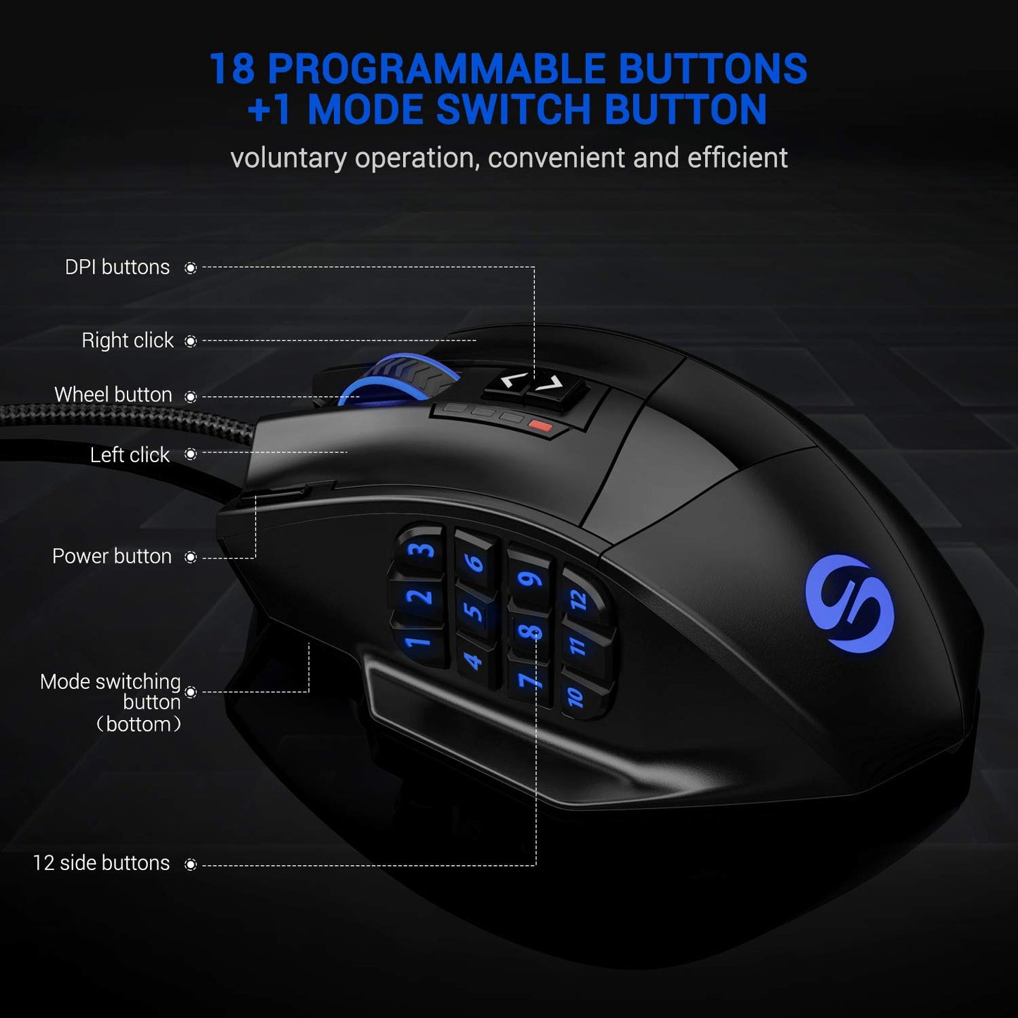 UtechSmart Venus RGB Wired Gaming Mouse, 16400 DPI Precision, Black, Model DS-2535, Programmable MMO Design