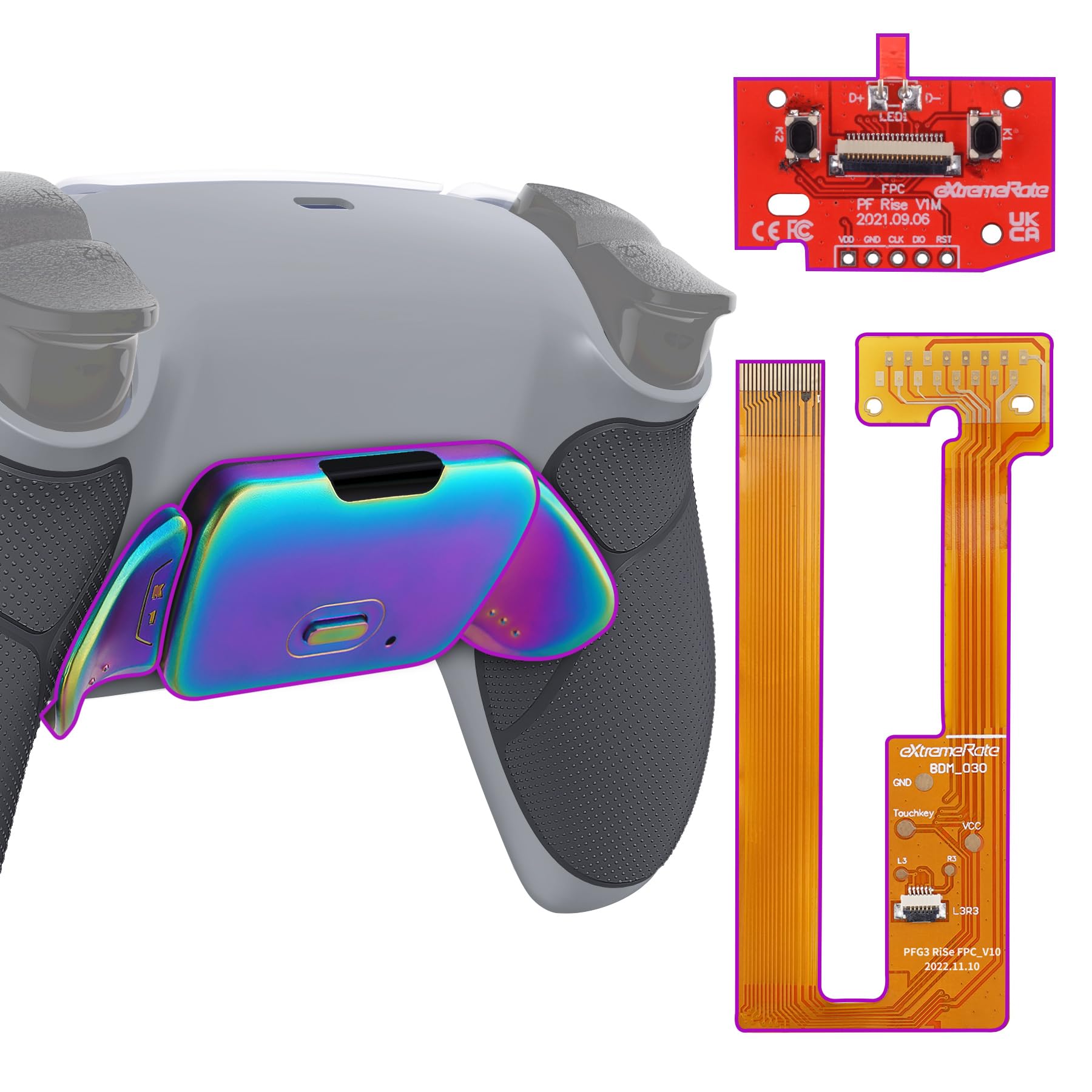 eXtremeRate Rainbow Aura Blue Purple Real Metal Buttons (RMB) RISE Remap Kit for PS5 Controller BDM-030 040 050  Gray Rubberized Grip New Hope Gray Back Shell  Upgraded Back Buttons for PS5 Controller