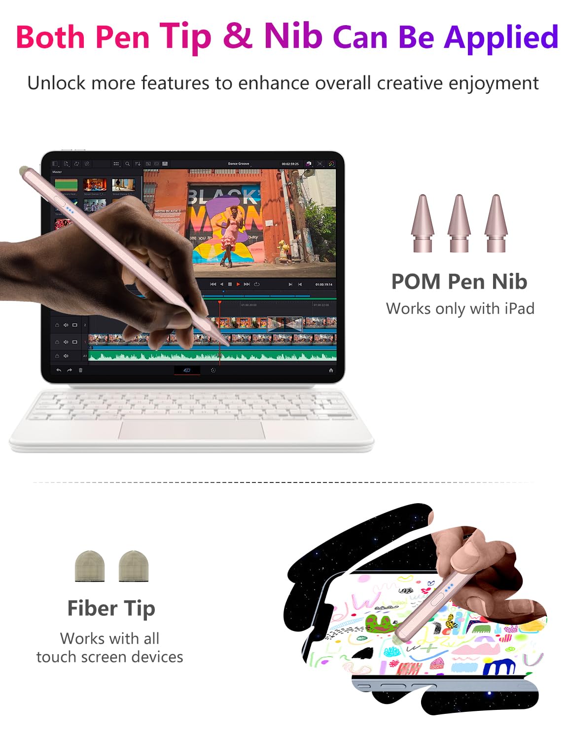 SENKUTA Dual-Tip Pencil for iPad 9th/10th Gen - 15Min Fast Charge, Palm Rejection, Tilt Sensitivity - Pink