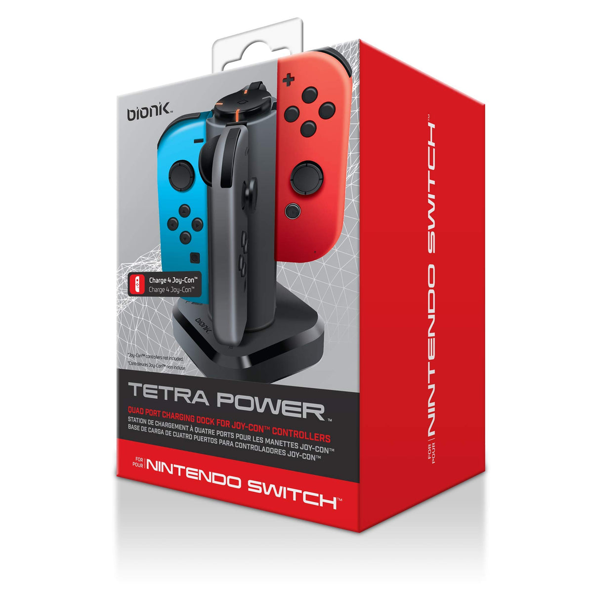 Bionik Tetra Power - Nintendo Switch Joy Con Charging Dock (4 Controllers) with Built-In Cable Adjustment System and LED Charge 