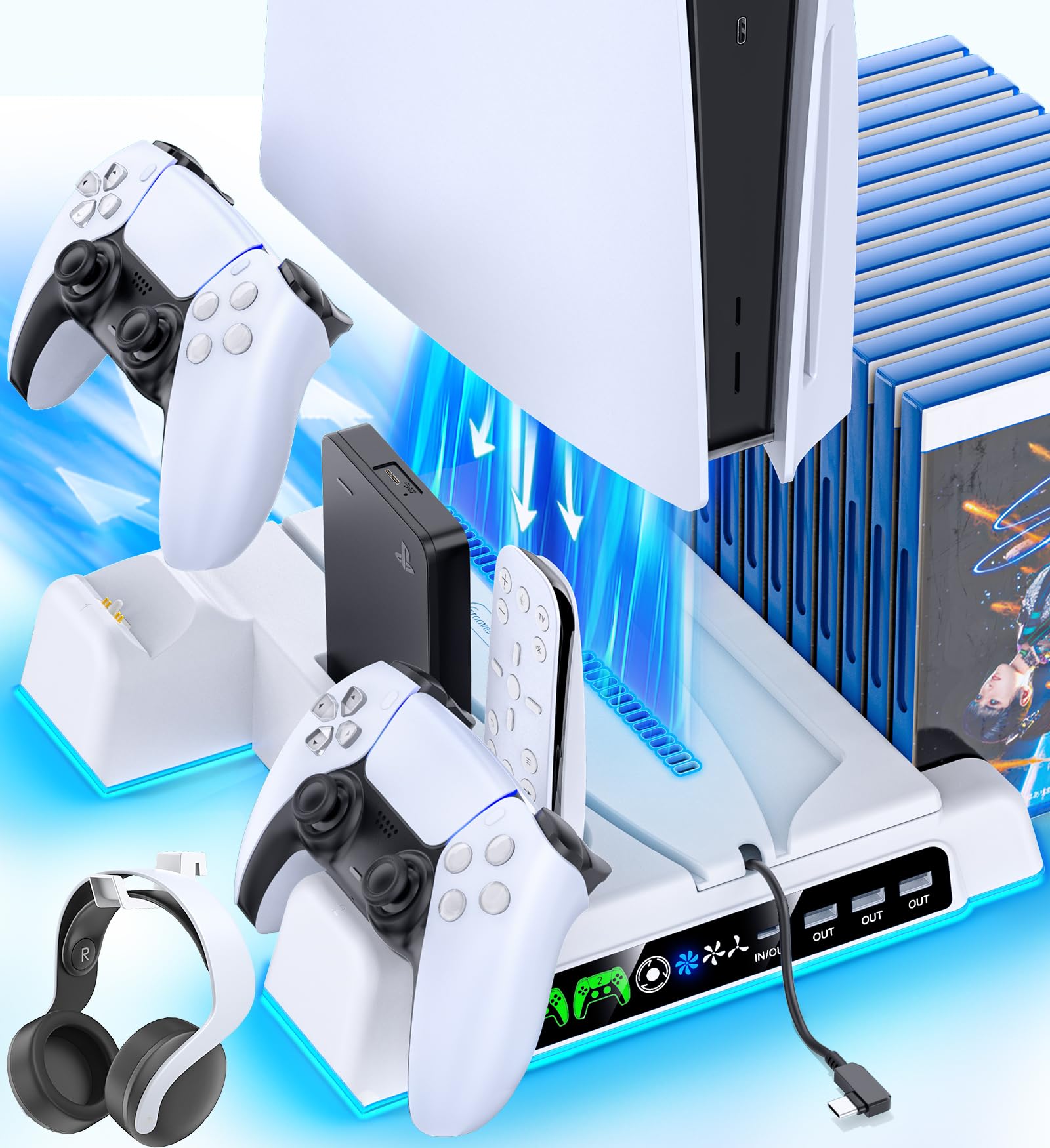 PS5/ PS5 Slim Stand for Disc & Digital Console  PS5 Cooling Station with Dual Controller Charging Station for PlayStation 5 Console  3-Level Fan PS5/Slim Controller Charger Accessories Stand