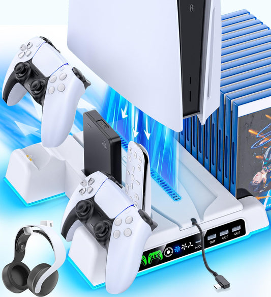 PS5/ PS5 Slim Stand for Disc & Digital Console  PS5 Cooling Station with Dual Controller Charging Station for PlayStation 5 Console  3-Level Fan PS5/Slim Controller Charger Accessories Stand