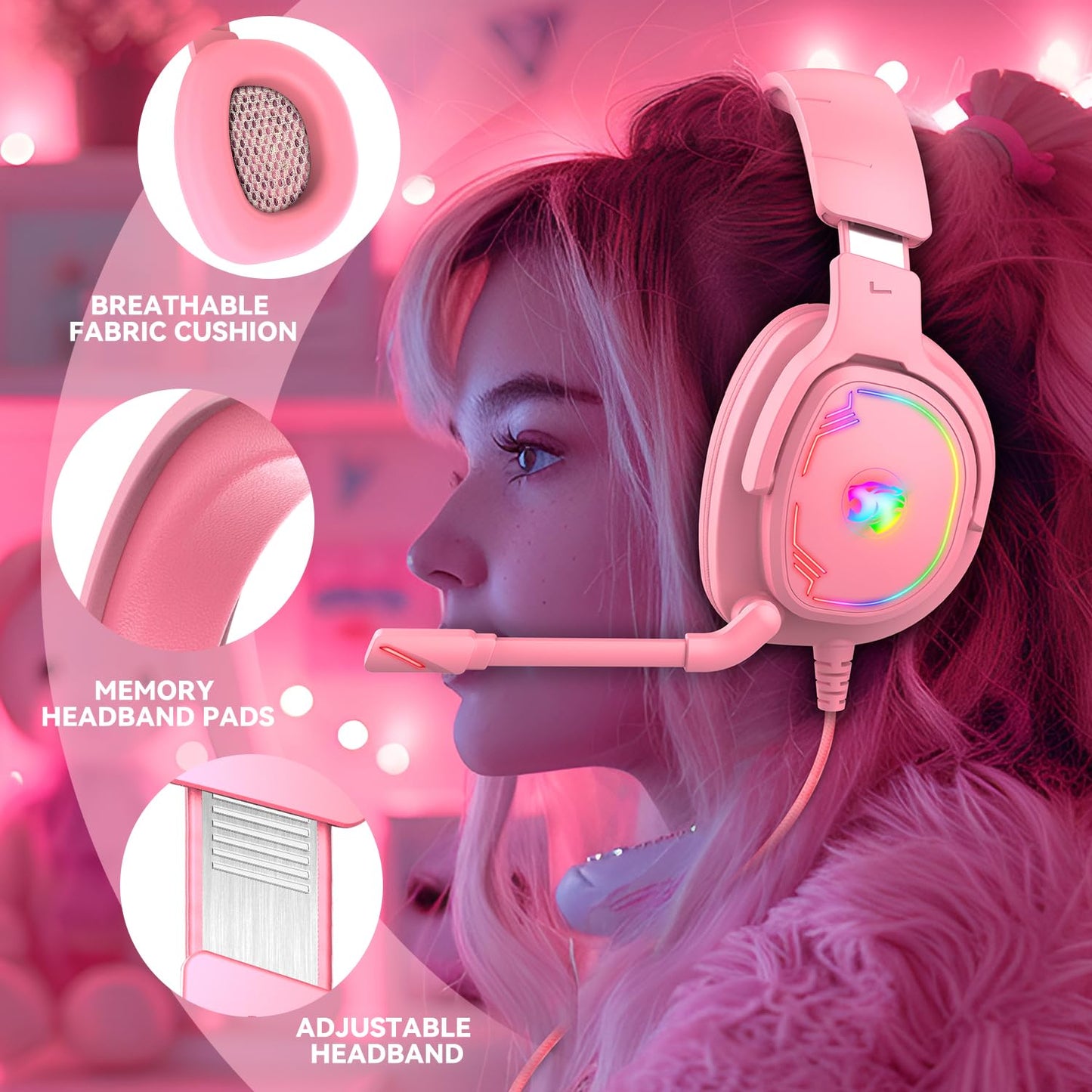Jimonyer Gaming Headset - Stereo Surround Sound, Noise Canceling Mic, 3.5mm Jack, RGB Light, Pink, Model A82