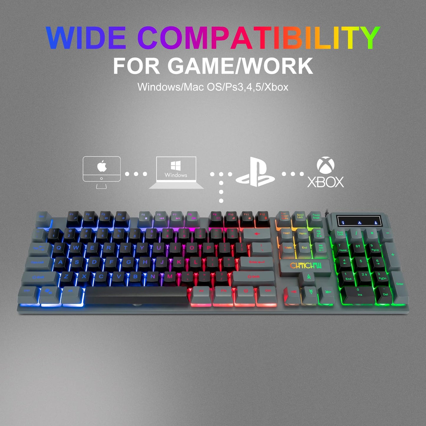 CHONCHOW Gaming Keyboard and Mouse Combo, RGB LED Backlit, USB Wired, 3200 DPI, Mechanical Feel, Grey-Black