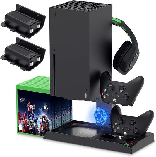 YUANHOT Vertical Cooling Stand for Xbox Series X, Charging Dock with 1400mAh Battery Pack, Dual Controller Ports, Black