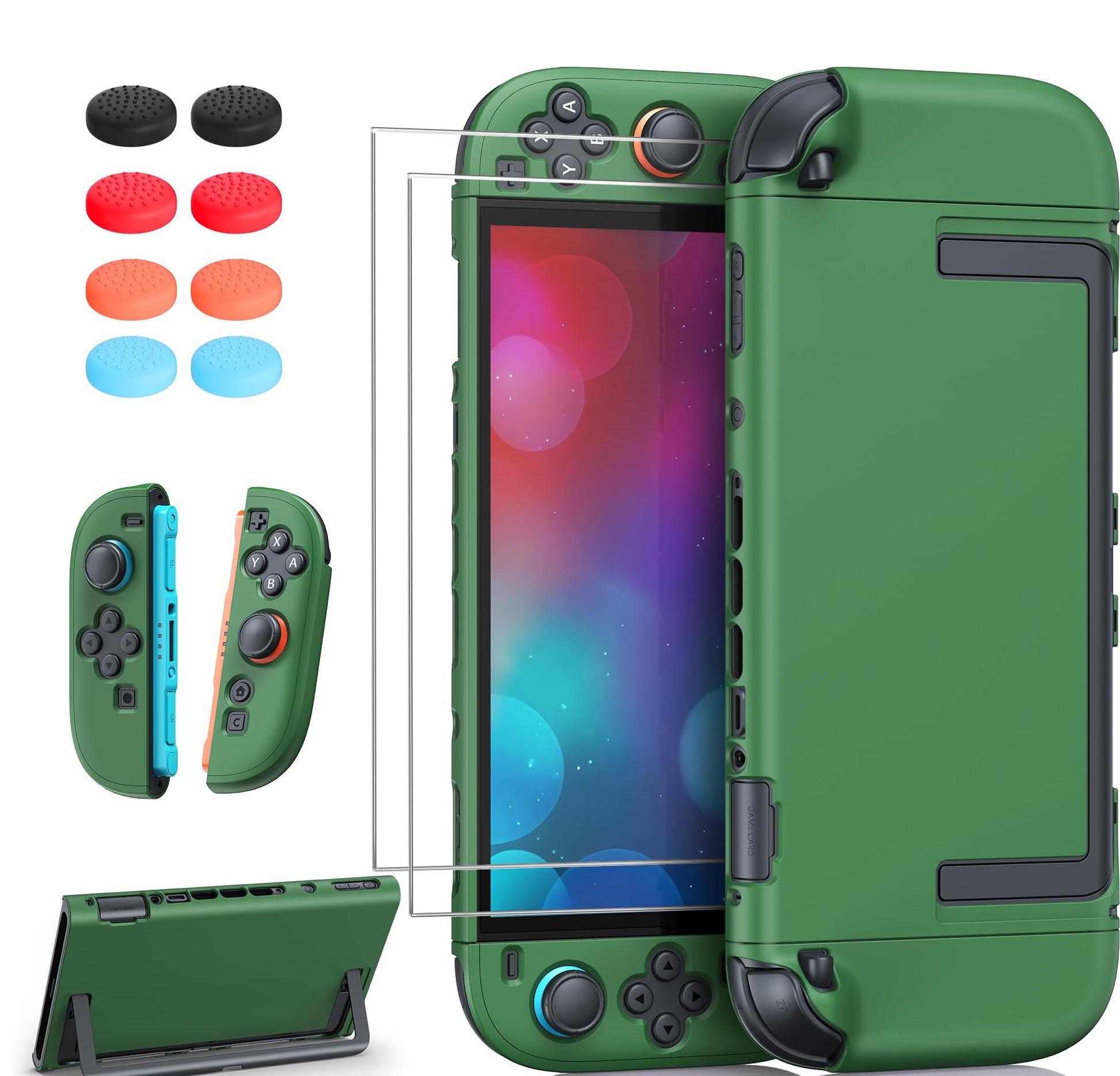 FYOUNG Upgrade Switch 2 Protective Case&Screen Protector Set  Dockable Cover Hard Shell for Nintendo Switch 2 2025 Console Accessories Travel-Friendly Kickstand Cutouts(Green  for Switch 2 7.9inch)