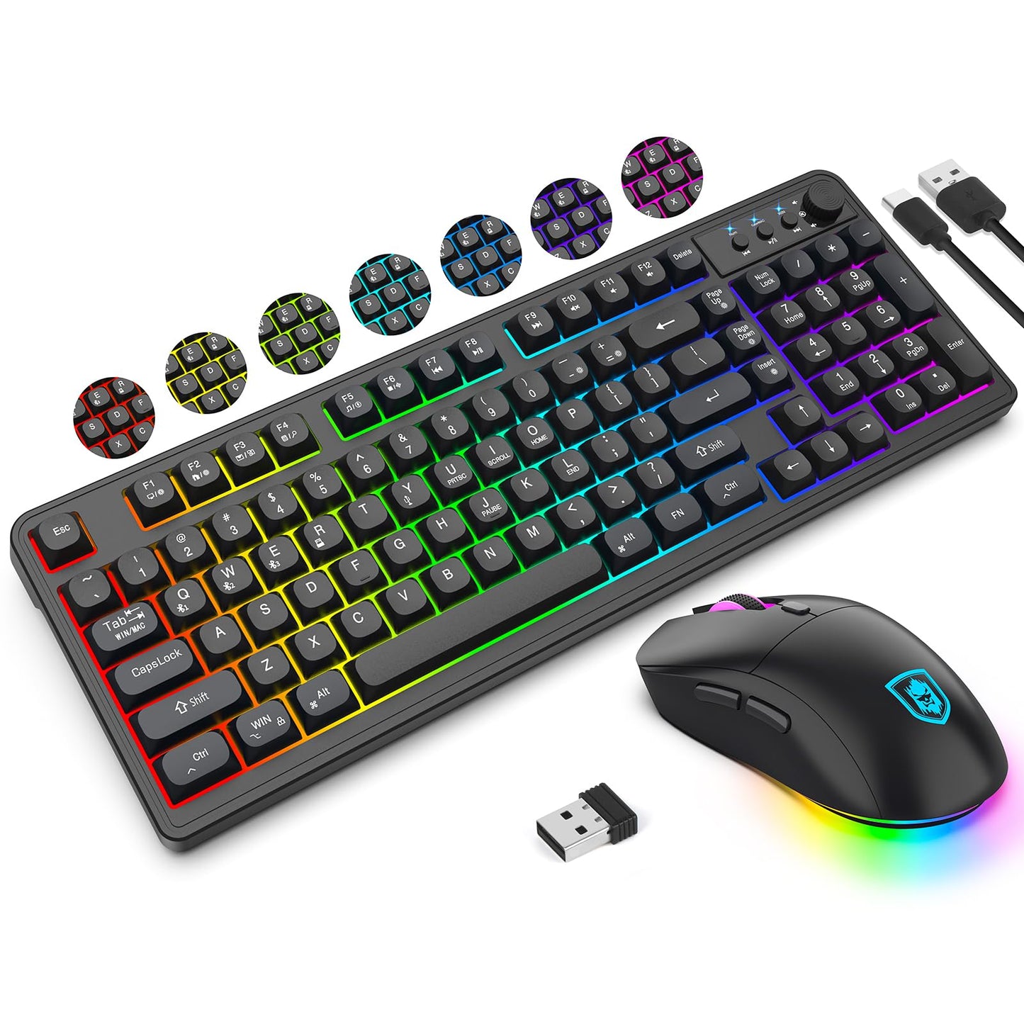 KOLMAX BT98 Wireless Keyboard and Mouse Combo Triple Mode 2.4G/Wired/Bluetooth Gaming Keyboard and Mouse Rechargeable Ergonomic RGB Backlit Light Up Keyboard Mouse with Knob for PC/Mac/Tablet