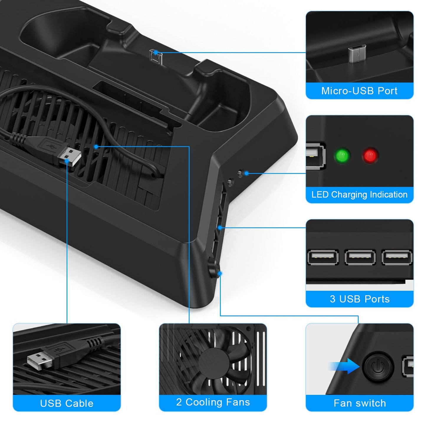 KEKUCULL PS4 Controller Charger Station with Dual Dock, Cooling Fan, 3 USB Ports - Black, for PlayStation4/PS4Slim