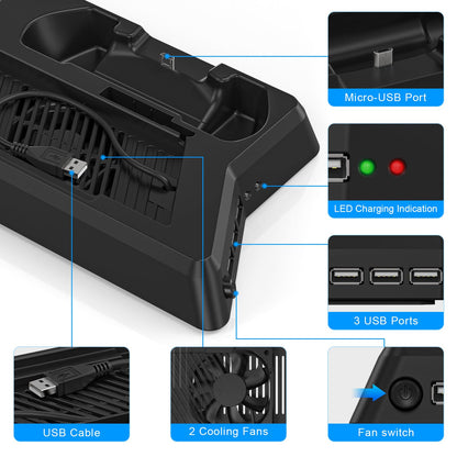 KEKUCULL PS4 Controller Charger Station with Dual Dock, Cooling Fan, 3 USB Ports - Black, for PlayStation4/PS4Slim