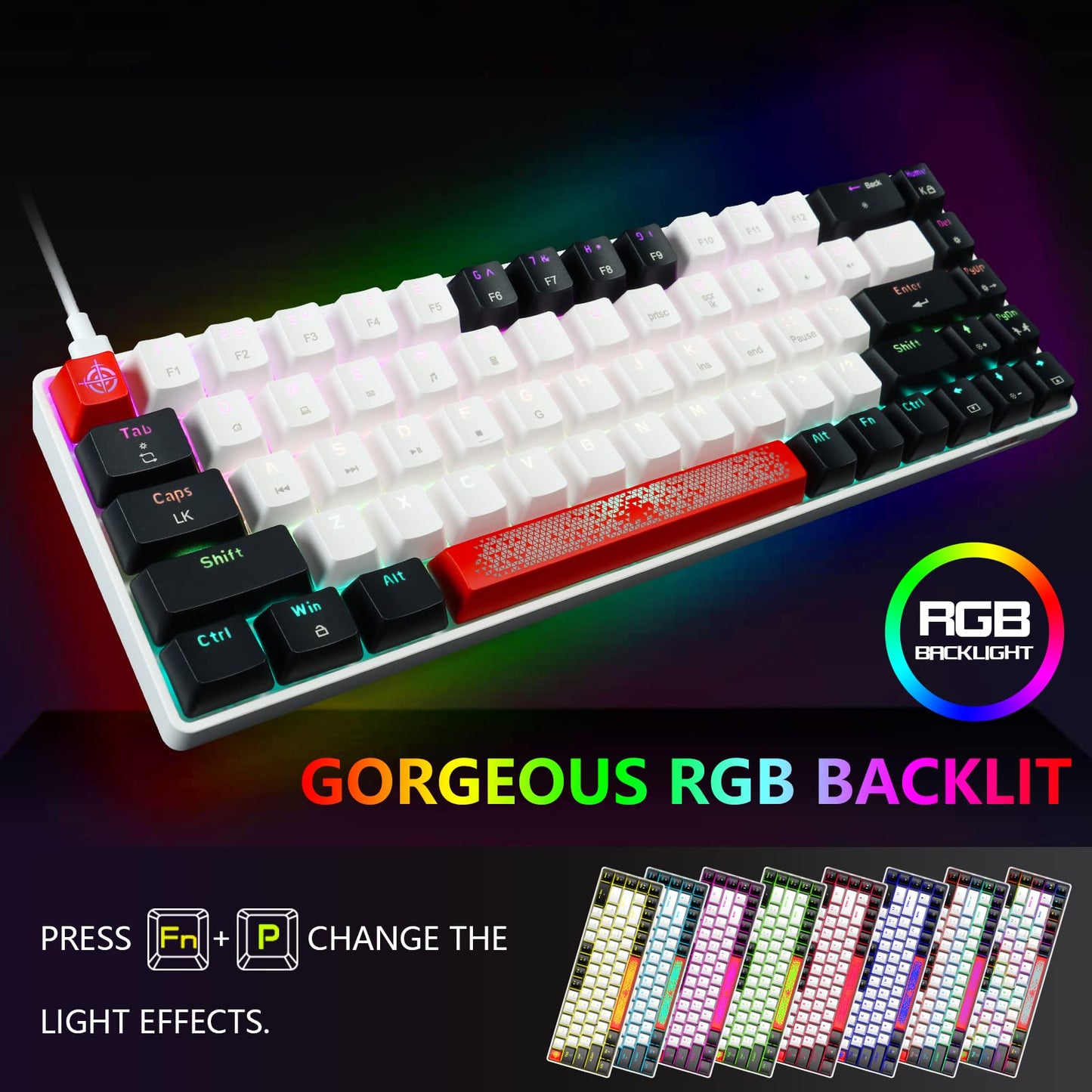 FELICON 60% Wired Mechanical Keyboard, RGB Backlight, Compact 68 Keys, Anti-Ghost, Type-C, White Black & Blue Switch