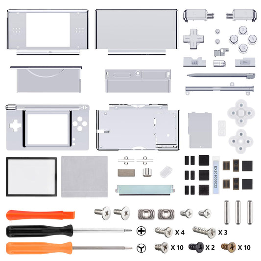 eXtremeRate Chrome Silver Replacement Full Housing Shell for Nintendo DS Lite, Model DSLD4002-1, Custom Console Case with Buttons and Screen Lens