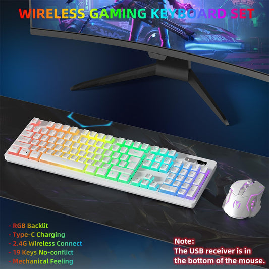 Mengzili Wireless Gaming Keyboard and Mouse Combo - RGB Backlit, Rechargeable, Ergonomic, White