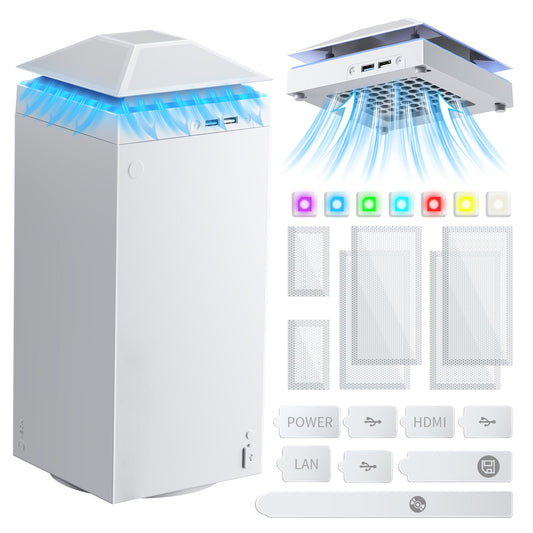 Cooling Fan Dust Proof for Xbox Series X Console with Colorful Light Strip Dust Cover Filter Rubber Dust Plugs Low Noise Top Fan with 3 Gears Cooler&Light Independent Touch Switch  2 USB Port (White)