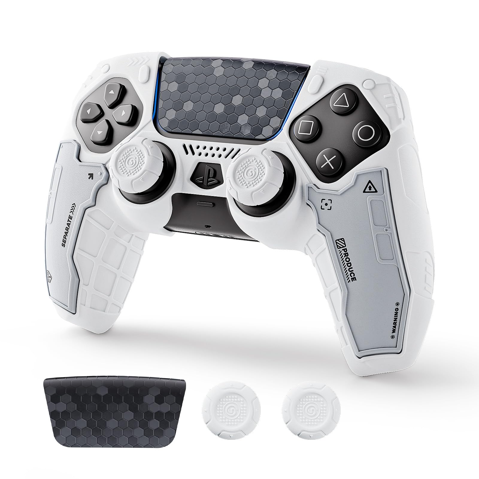 Geekshare G.S.TAC Tactical Compatible with PS5 Controller Skin Set  Tactical Silicone Cover for PS5 Wireless Controller with 2 Thumb Grips & 2 Stickers for Monster Hunter Wilds - White
