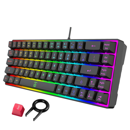 Snpurdiri 60% Gaming Keyboard  Rainbow Backlit Mini Keyboard Built-in Steel Plate  Membrane Keyboard but Super Mechanical Feel for Windows PC Gamers(68 Keys  Black Rainbow)