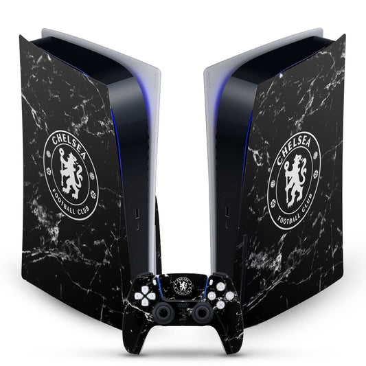 Head Case Designs Officially Licensed Chelsea Football Club Black Marble Art Vinyl Faceplate Gaming Skin Decal Compatible With Sony PlayStation 5 PS5 Disc Edition Console & DualSense Controller