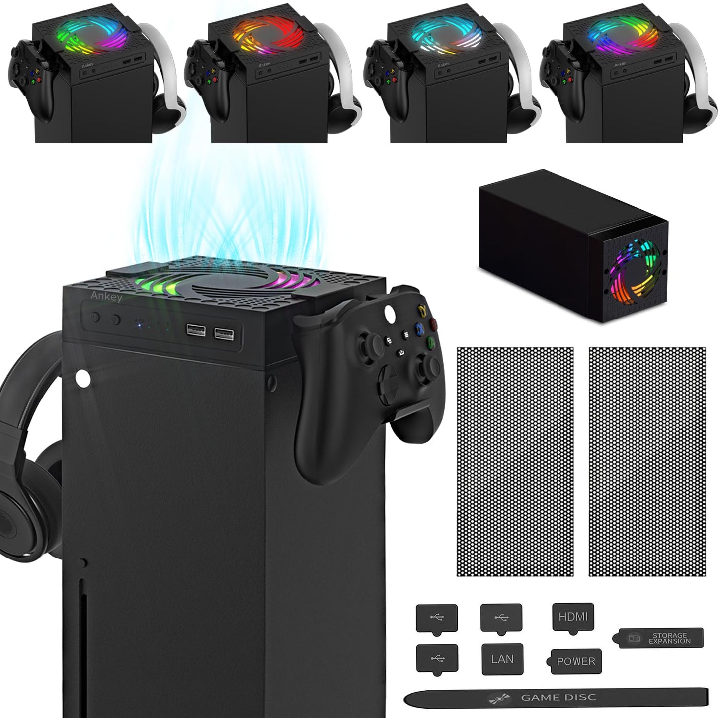 Ankey Automatic Cooling Fan for Xbox Series X, Low Noise, RGB Light, Model AL-XB2235, Includes 2 USB Ports for Charging & Data