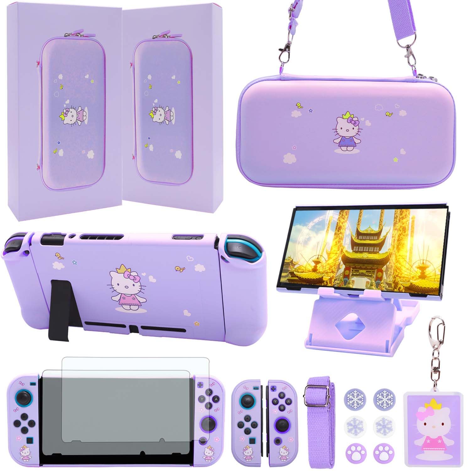 GUTIAL Accessories Bundle for Nintendo Switch - Cute Kawaii NS Accessories kit for Grils Boys Kids with Travel Carrying Case and Cartoon Dockable Cover Case  Screen Protector  Stand - Purple