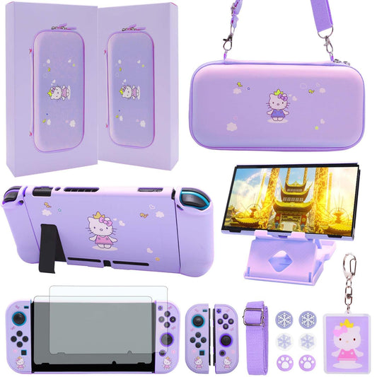 GUTIAL Accessories Bundle for Nintendo Switch - Cute Kawaii NS Accessories kit for Grils Boys Kids with Travel Carrying Case and Cartoon Dockable Cover Case  Screen Protector  Stand - Purple