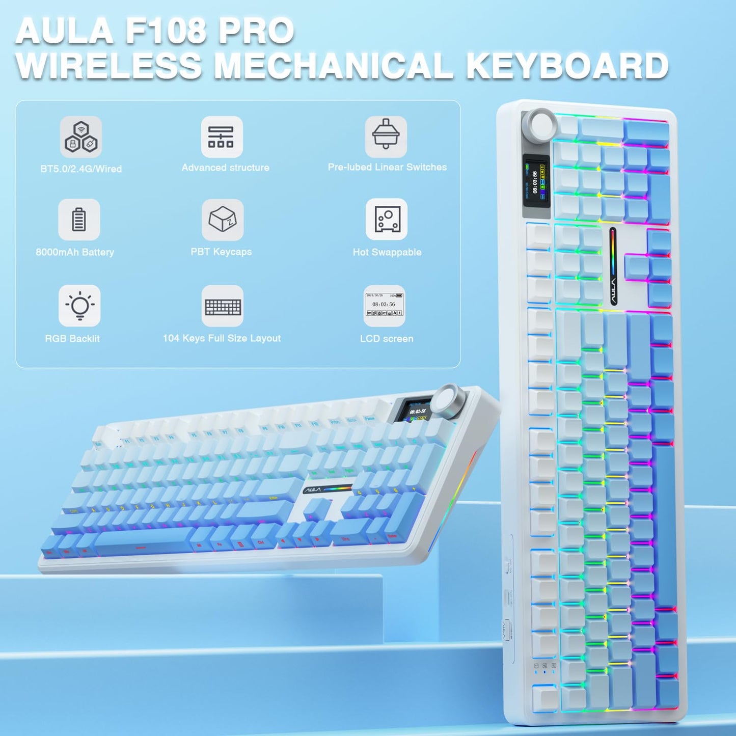 AULA F108 Pro Wireless Mechanical Keyboard, Hot Swappable, RGB Backlit, Gradient Blue, 8000mAh Battery, 104 Keys