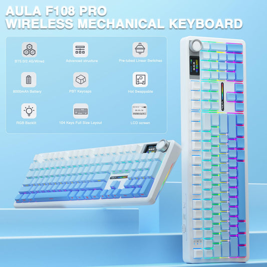 AULA F108 Pro Wireless Mechanical Keyboard, Hot Swappable, RGB Backlit, Gradient Blue, 8000mAh Battery, 104 Keys