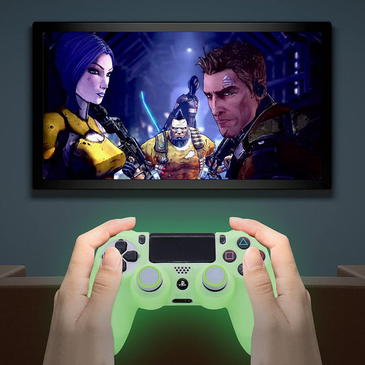 HLRAO Glow Green Anti-Slip Silicone Cover for PS4 Controller, Includes 8 Thumb Grips and 2 Glow Caps, Model SM-944