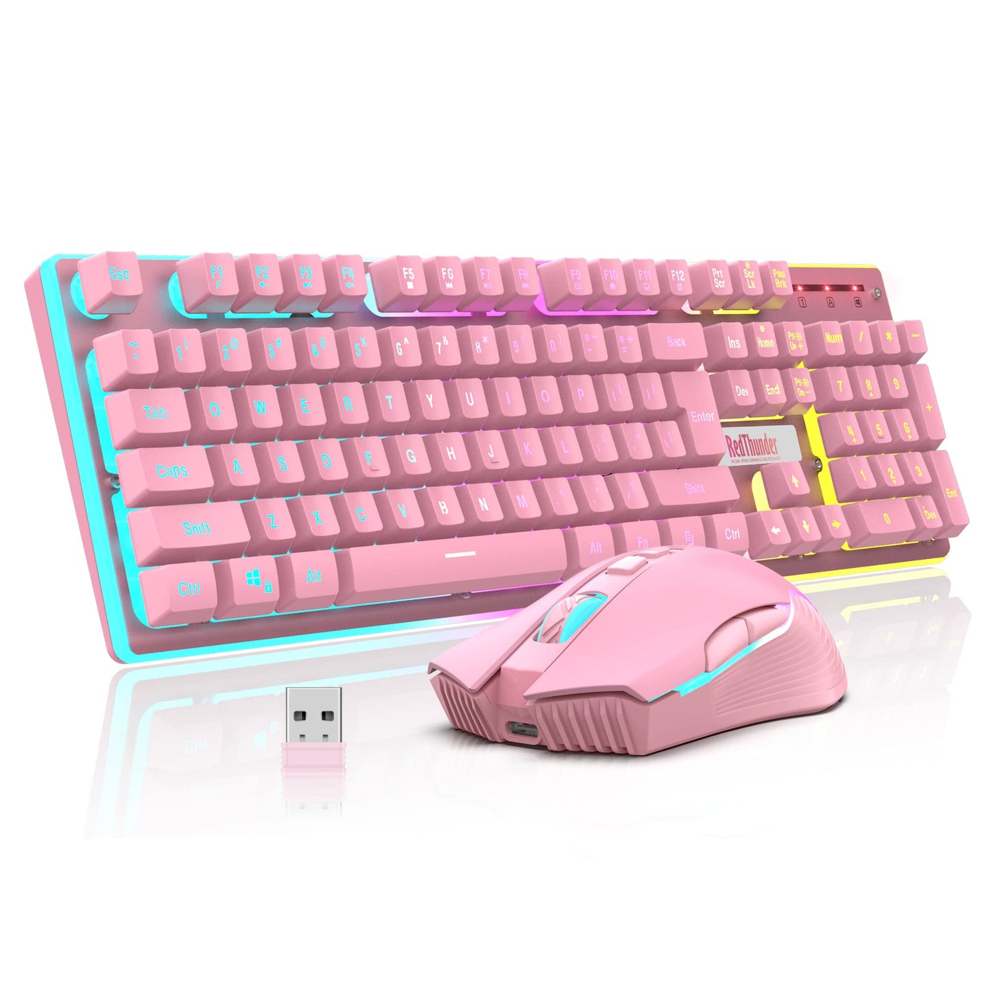 RedThunder K10 Wireless Gaming Keyboard & Mouse Combo, LED Backlit, 3200DPI, Pink