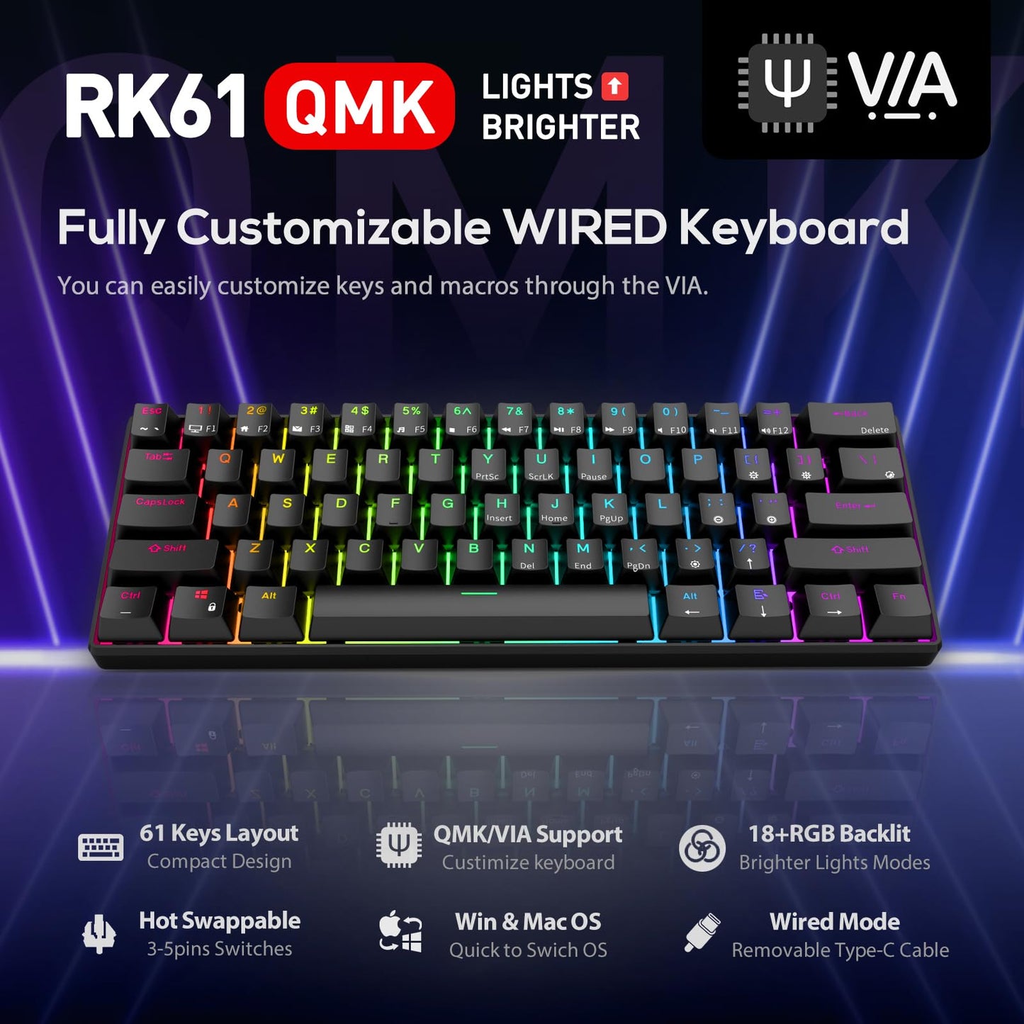RK ROYAL KLUDGE RK61 Wired 60% Mechanical Gaming Keyboard, Hot-Swappable Blue Switch, RGB Backlit, Compact, Black